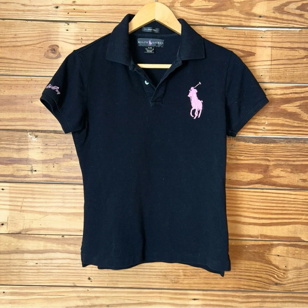 Ralph Lauren womens Polo in Black with Pink Emblem worn on the run way - Picture 1 of 7